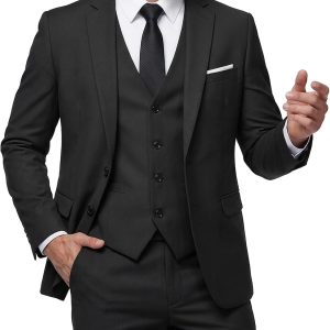 Men's 3 Piece Slim Fit Suit Set with Tie, 2 Button Blazer Jacket Vest & Pants, Business Wedding Party Prom Suit for Men