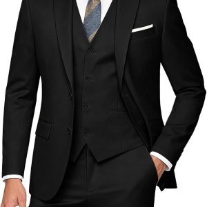 Men's Slim Fit 3 Piece Suits Two Button Blazer Vest & Pants Tuxedo Set for Business Wedding Party