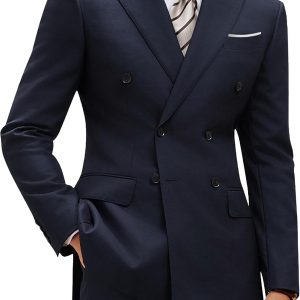 Mens Double Breasted Suit Slim Fit Solid Suit Jacket and Dress Pants 2 Piece Set Prom Wedding Suits for Men