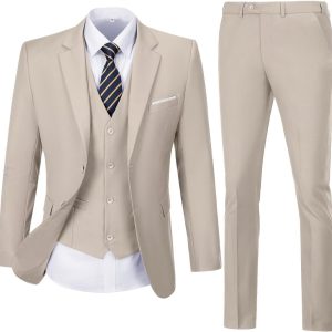 Mens Suit Solid Two Button Slim Fit Suit Set for Wedding Formal Business Suit Men 3 Piece Suit Blazer Vest Pants Set