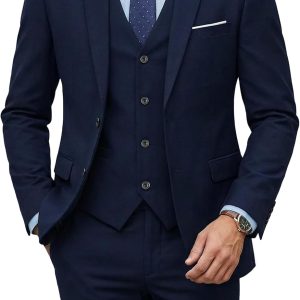 Men's 3 Piece Suit Set with Tie, 2 Button Slim Fit Solid Blazer Jacket Vest Pants, Business Wedding Party Suits for Men