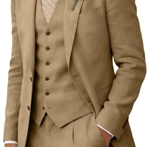 Retro Linen Men Suits Beach Wedding Suit Summer Slim Fit 3 Pieces Light Weight Breathable Jacket Vest Pant Tuxedo