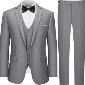 Men's One Button 3-Piece Suits Slim Fit Tuxedo Set with Blazer Jacket Vest & Pants for Wedding Prom Business