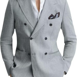Mens Linen Suit 2 Piece Double Breasted Suit Blazer Pants Set Slim Fit Casual Summer Beach Wedding Linen Tuxedo Men